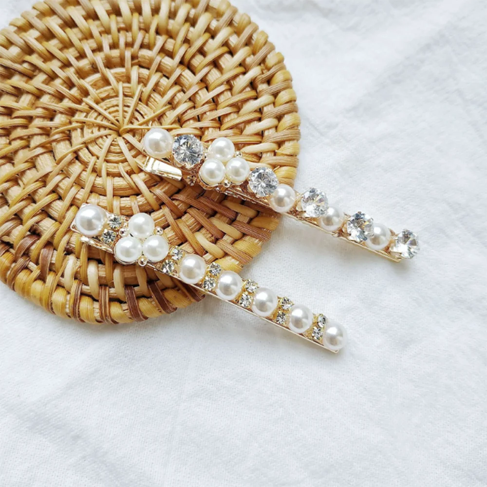 

1pc Fashion Imitation Pearl Hair Clip Snap Barrette Stick Crystal Rhinestone Hairpin Hair Styling Accessories for Women Girls