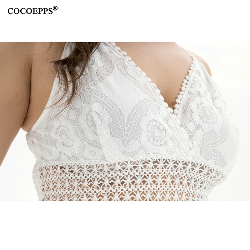 2019 Elegant Women Hollow Out Lace Dress Woman Sexy Spaghetti Strap V Neck White Plus Size Clothing Vestidos | Женская одежда