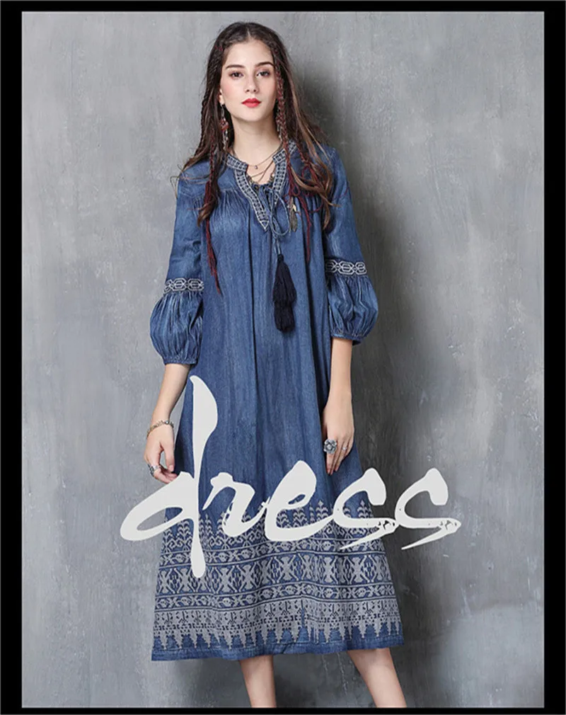 Женское платье с кисточками Vestido весеннее Новое джинсовое платье с v-образным вырезом три четверти рукав-фонарик Цветочная вышивка винтажные платья