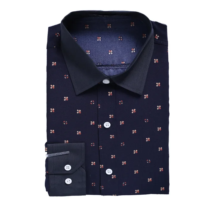 Мужская хлопковая приталенная рубашка в горошек с длинным рукавом и отложным