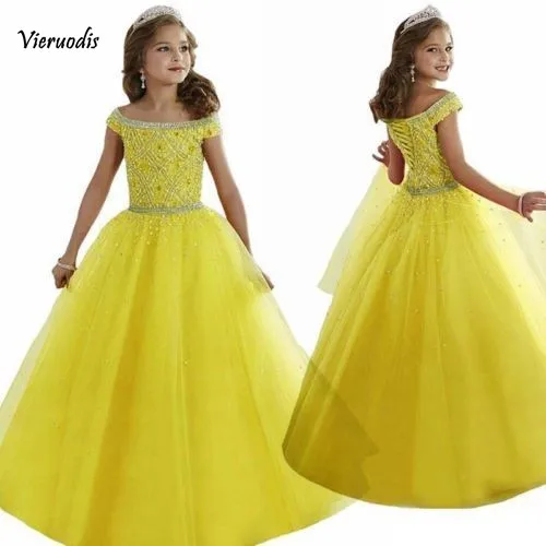 Новинка 3840 года Модное детское платье с жемчужинами и открытыми плечами для