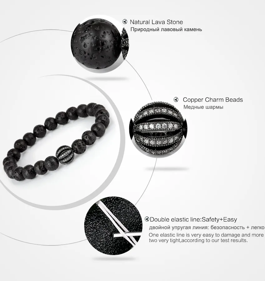 Black Lava Natural Stone Beads bracelet with Round bead Elasticity Bracelet charm bracelets For Men Or Women Jewelry Gift | Украшения и