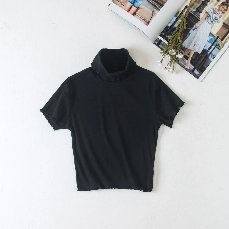 Для женщин Водолазка короткий рукав рябить отделкой Slim Fit футболка Crop Top - Цвет: black