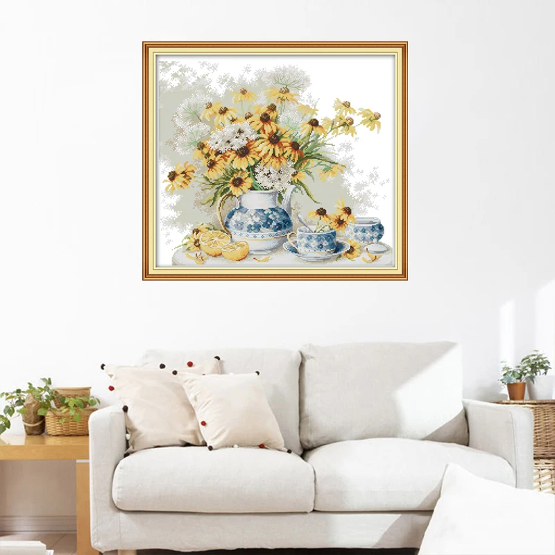 Набор для вышивки крестиком Joy Sunday ромашки и сине белые фарфоровые узоры ручная