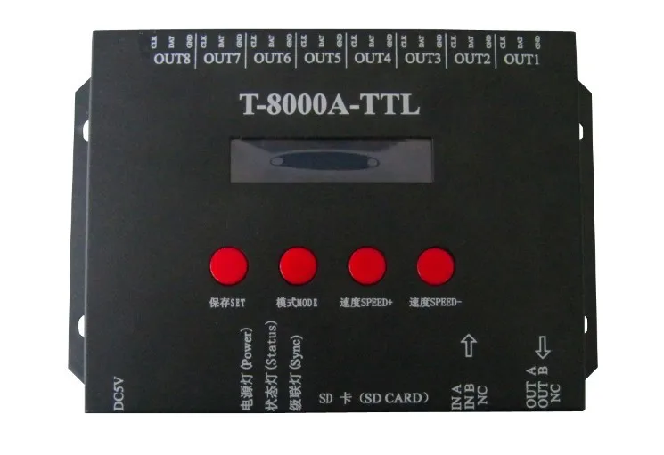 

T-8000A-TTL,SD card LED pixel controller;off-line;SPI signal output;1024pixels*8ports(8192pixels) output