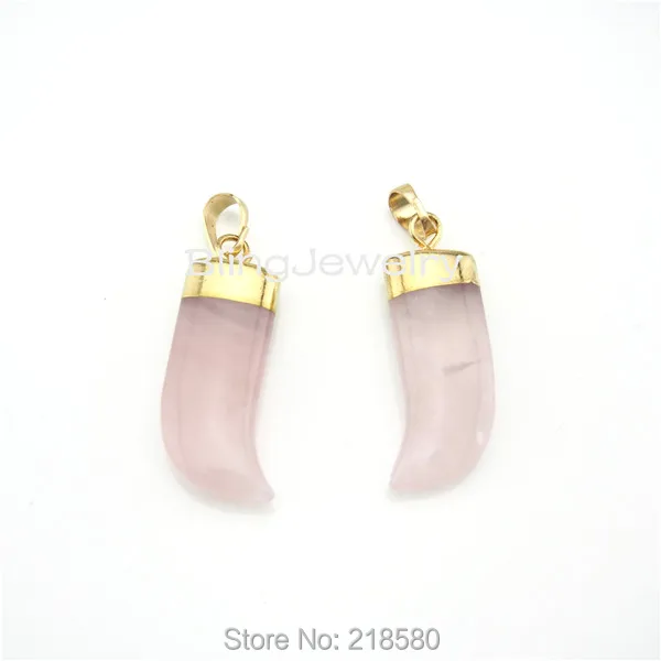 

H-SP55 Healing Crystal Rose Pink Quartz Horn Tusk Pendant Edged in Gold or Silver