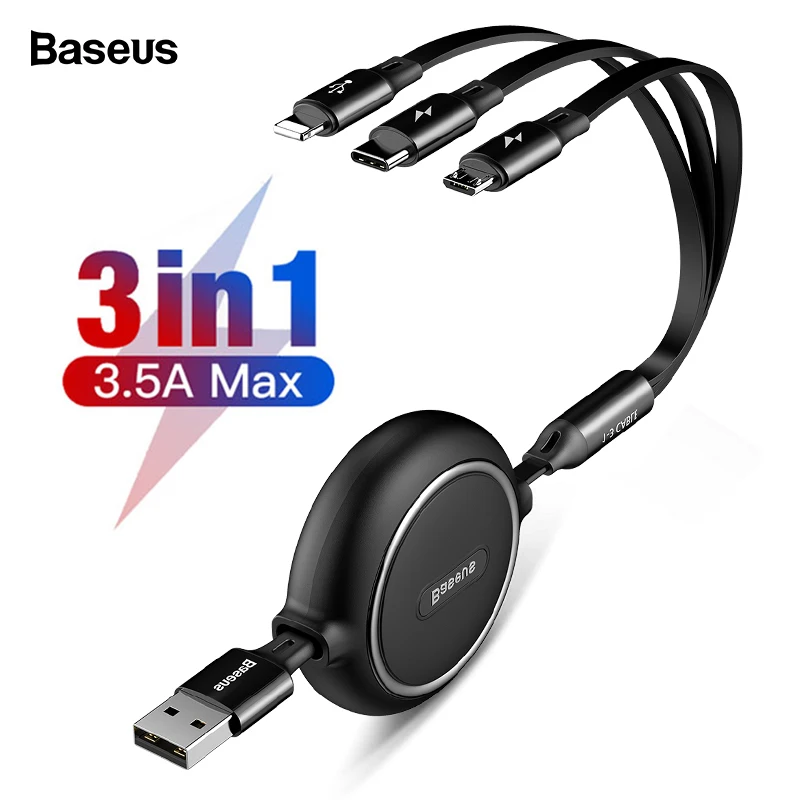 Выдвижной usb-кабель Baseus 3 в 1 для iPhone Xs Max Xr X 3 в 1, быстрое зарядное устройство, кабель Micro USB type C для samsung Xiaomi