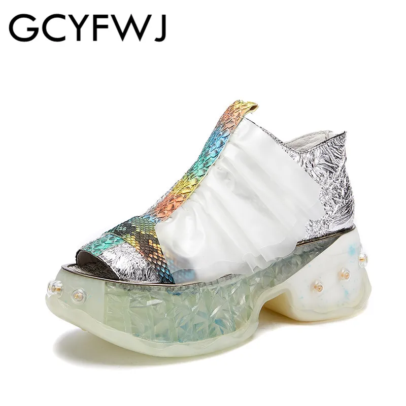 GCYFWJ/женские кроссовки; коллекция года; сандалии с широко открытым носком из кожи с прозрачной подошвой; кроссовки на платформе из змеиной кожи - Цвет: Silver