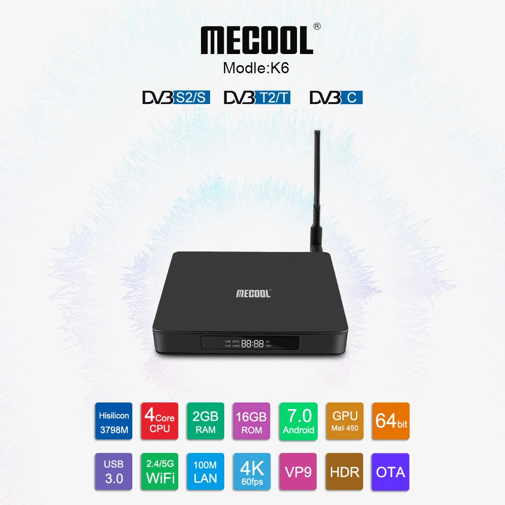 ТВ приставка MECOOL K6 Android 7 0 DVB S2/T2/C Hisilicon четырехъядерный 2 ГБ/16 ГБ 4K H.265 медиаплеер