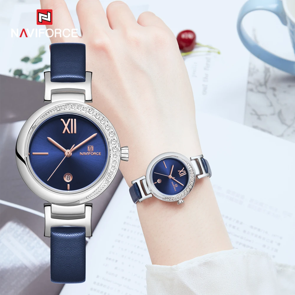 Новые женские часы NAVIFORCE с бриллиантами модные синие из натуральной кожи