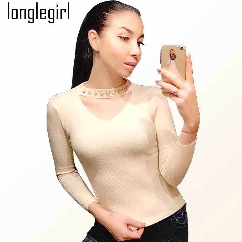 Spring Autumn Women Sweater Female Pullover Warm Top Black Long Sleeve Diamond Hollow Out V-neck Cotton Office Lady Slim | Женская