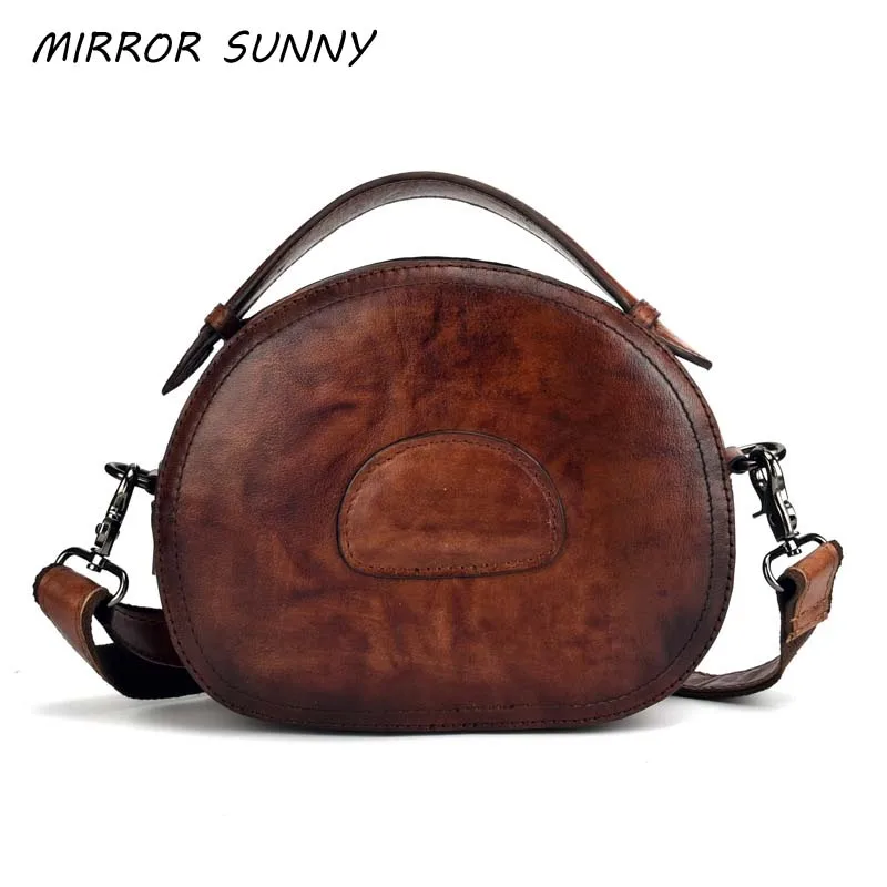 Head Layer Cowhide Women Crossbody Bag Creative Leather Small Single Shoulder Vintage Brown Round Messenger Bolso Mujer | Багаж и сумки