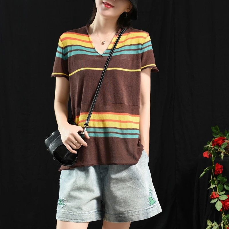 Summer T-shirt Retro Women Loose Knitting Pullovers New Tops V-Neck Short Sleeve Striped Mori girl Vintage Casual 2019 | Женская одежда
