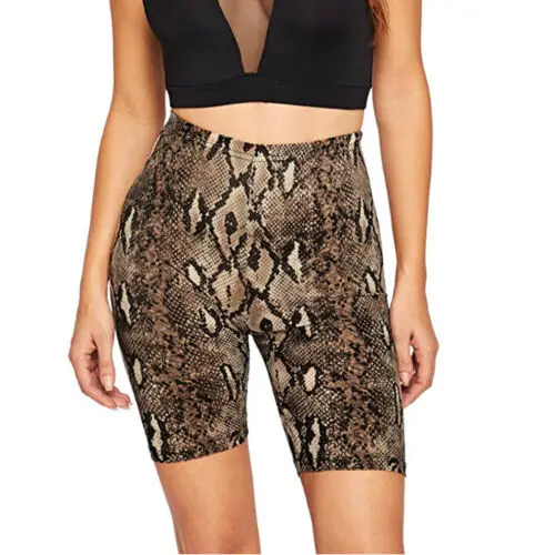 Snakeskin Brown Новые летние женские обтягивающие шорты из змеиной кожи, леопарда, зебры, в полоску, с высокой талией, эластичные байкерские шорты, женские Сексуальные облегающие спортивные короткие брюки - Color: Snakeskin Brown