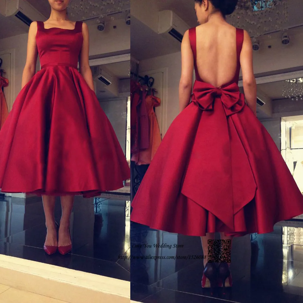 Burgundy Evening Dresses 2016 Short Prom Dress Backless Bow Satin Tea Length Imported Party Square Vestido de Festa Curto | Свадьбы и