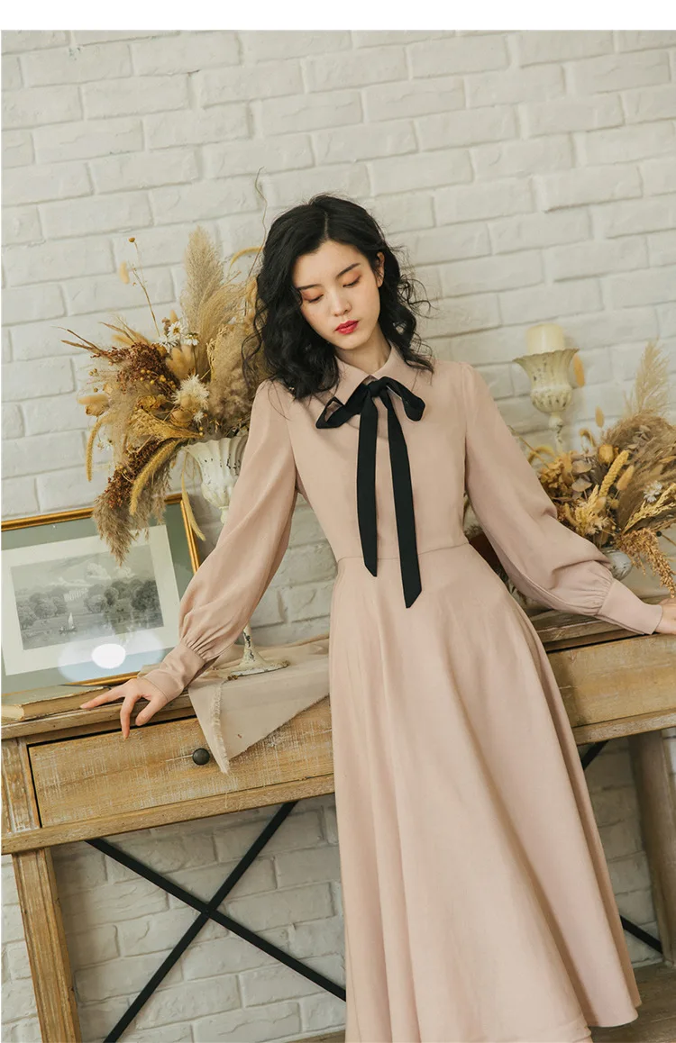 

French Vintage Spring Autumn Long Dress Long Sleeve Slim Waist Retro Dresses Women Ladies Vestidos