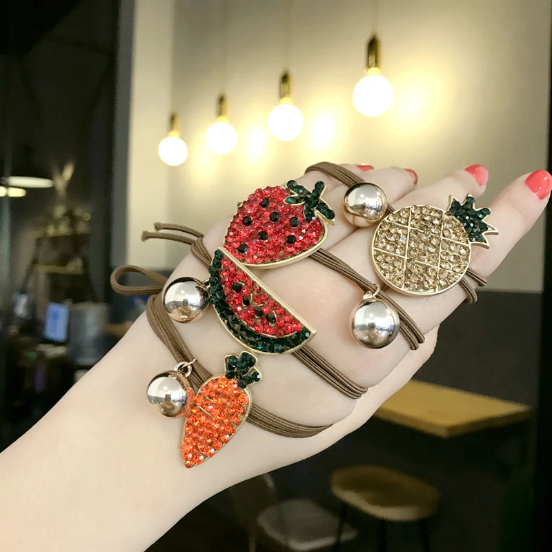 

1 Piece Hot Fashion Hair Accessories Shiny Rhinestone Rubber Bands Watermelon Fruit Headbands Cute Carrot Hair Bands For Women