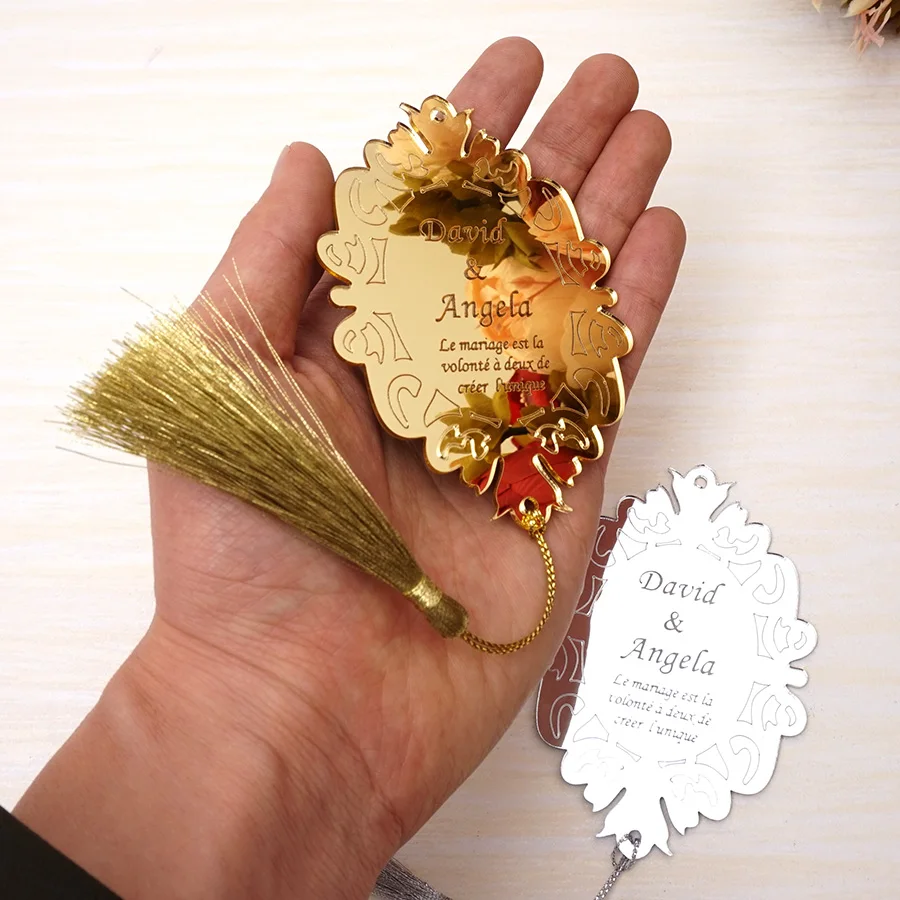 

Personalized 20pcs Wedding Invitation Card Guest Gifts Acrylic Mirror Oval Design Tags 10cm Party Decor Favors with Tassels