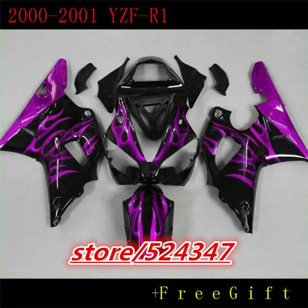Новый комплект обтекателей B для YZF R1 2000 2001 из черного пластика с фиолетовым