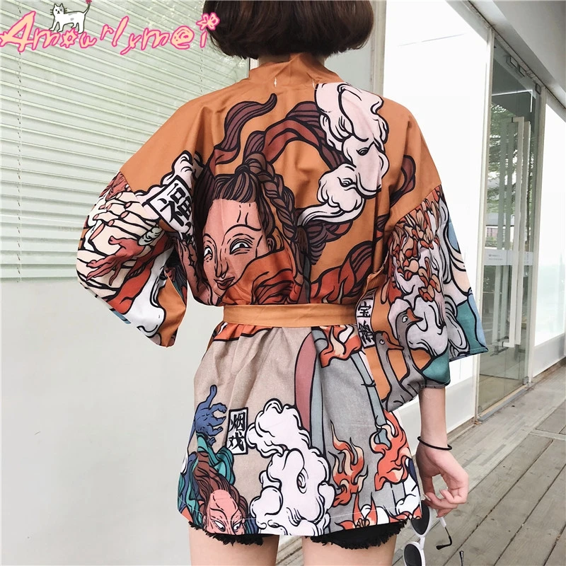 Винтажное кимоно Harajuku с принтом кардиган для женщин рубашки японские кавайные