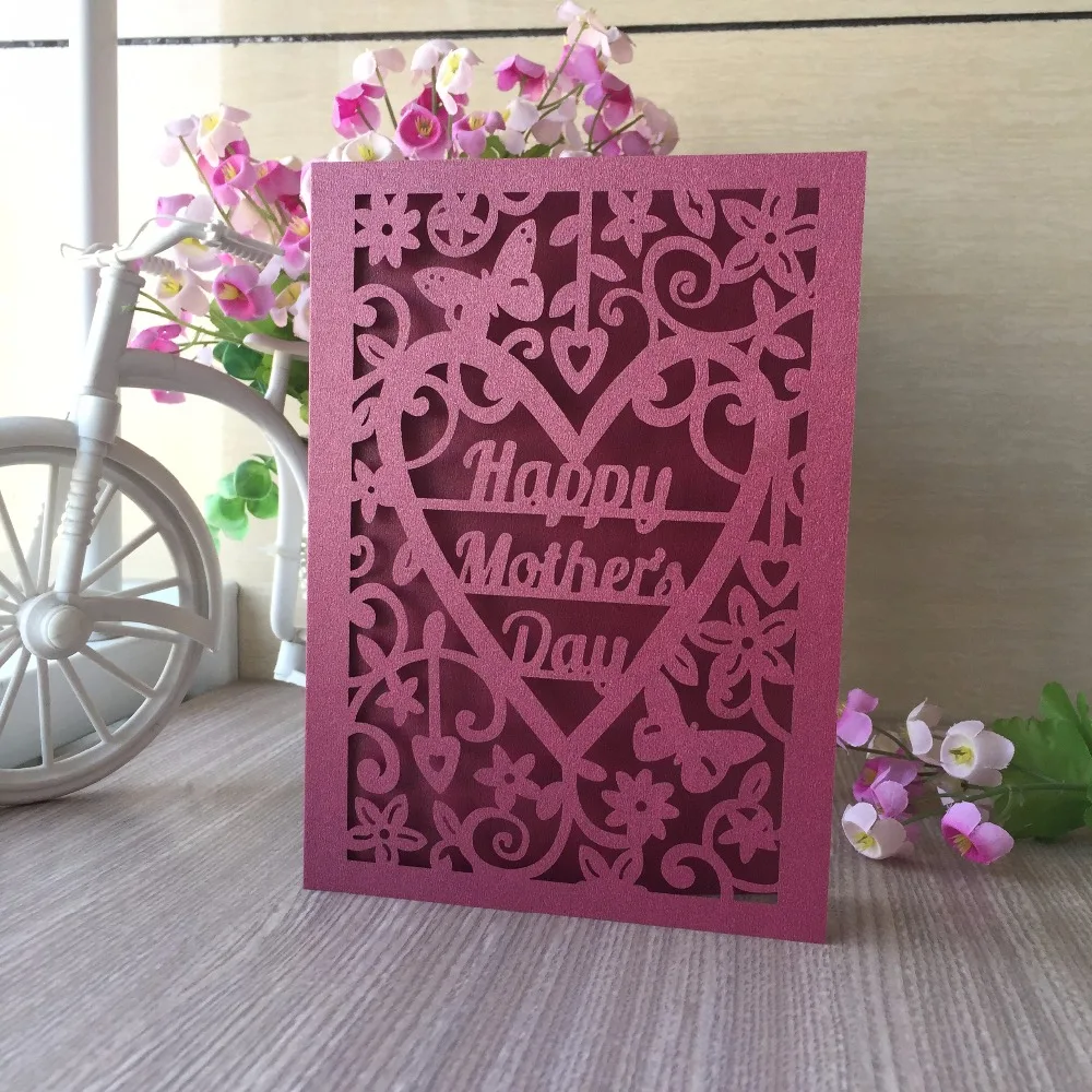 

50pcs New Chic Design Laser Cut Pearl paper Happy Mother's Day Greeting Blessing card Invitation Postcard Greeting Gift Cards