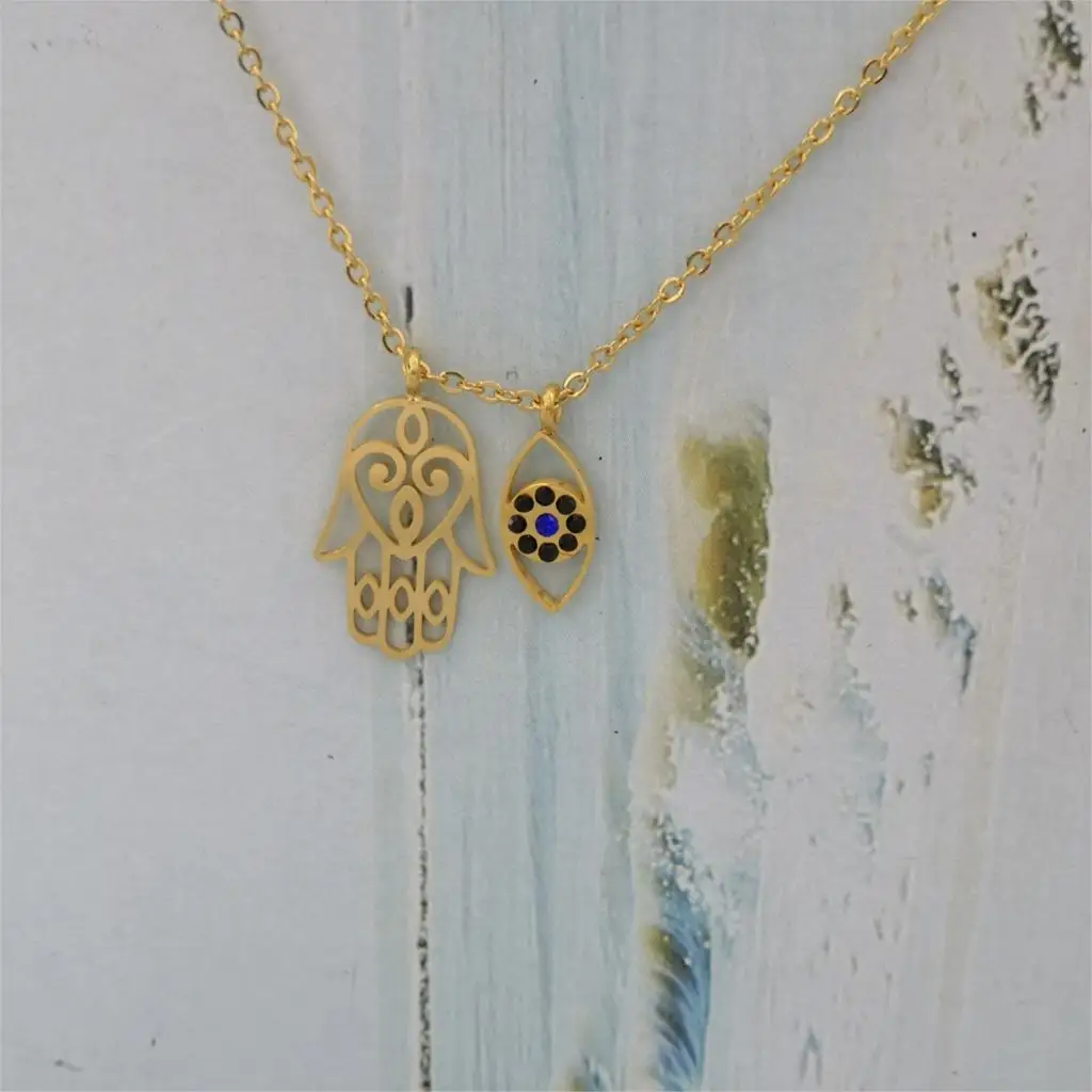 FALLON ECO-Certification Good Stainless Steel Necklace 45cm Curb Chains 16mm Hamsa Eyes Rhinestones Pendant Girls Lady Fashion | Украшения
