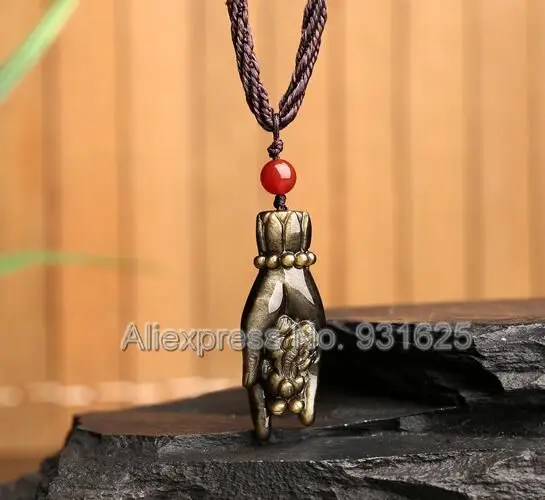 Прекрасный природный золото Обсидиан Резной ручной Pixiu Лаки богатство