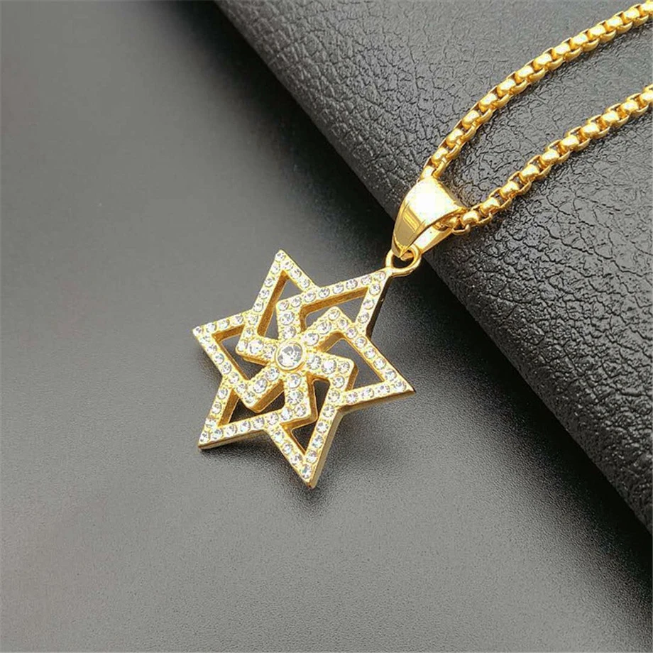 Iced Out Star of David Swastika кулон ожерелье золотой цвет нержавеющая сталь цепи для мужчин еврейский буддизм Религиозные ювелирные изделия