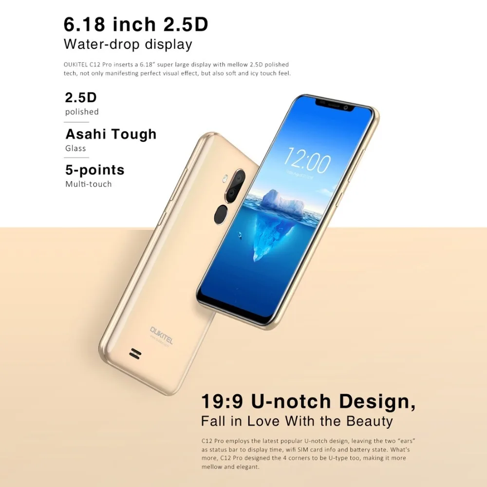 Oukitel C12 Pro 4G смартфон Android 8,1 2 Гб Оперативная память 16 Гб Встроенная память 6,1", ВЫСОКАЯ ЧЁТКОСТЬ, MT6739 4 ядра 8MP 3300 мАч Face ID GPS OTA мобильного телефона