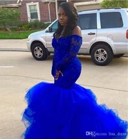 sexy african black girls royal blue ruffled prom dresses mermaid long sleeve appliques lace tulle women long party evening gowns