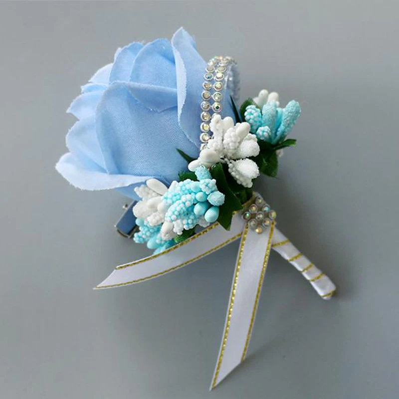 

5Pieces/Lot Handmade Wedding Corsage Groom Boutonniere Groomsman Buttonhole Artificial Flower Blue Silk Rose Man Brooch Flowers