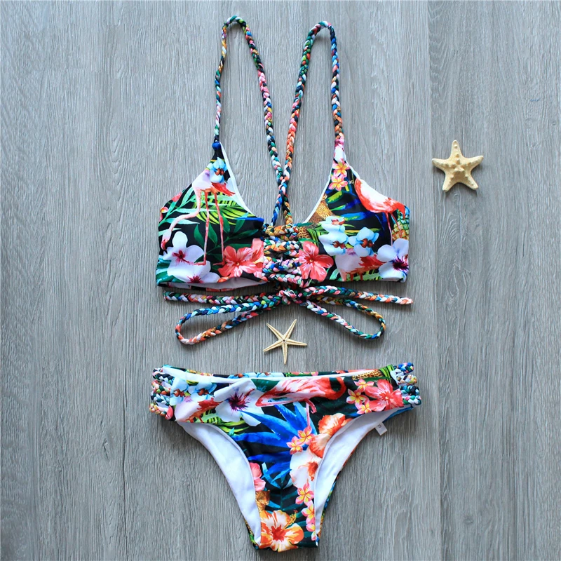 Bikini 2019 Swimwear Women Printing Bandge Swimsuit Sexy Push Up Set Low Waist Thong Beach bathing suit women biquini |