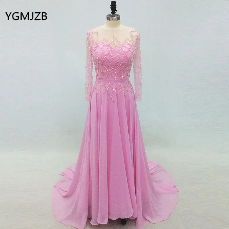 Длинное Элегантное Вечернее Платье 2018 шифоновое ТРАПЕЦИЕВИДНОЕ вышитые бисером