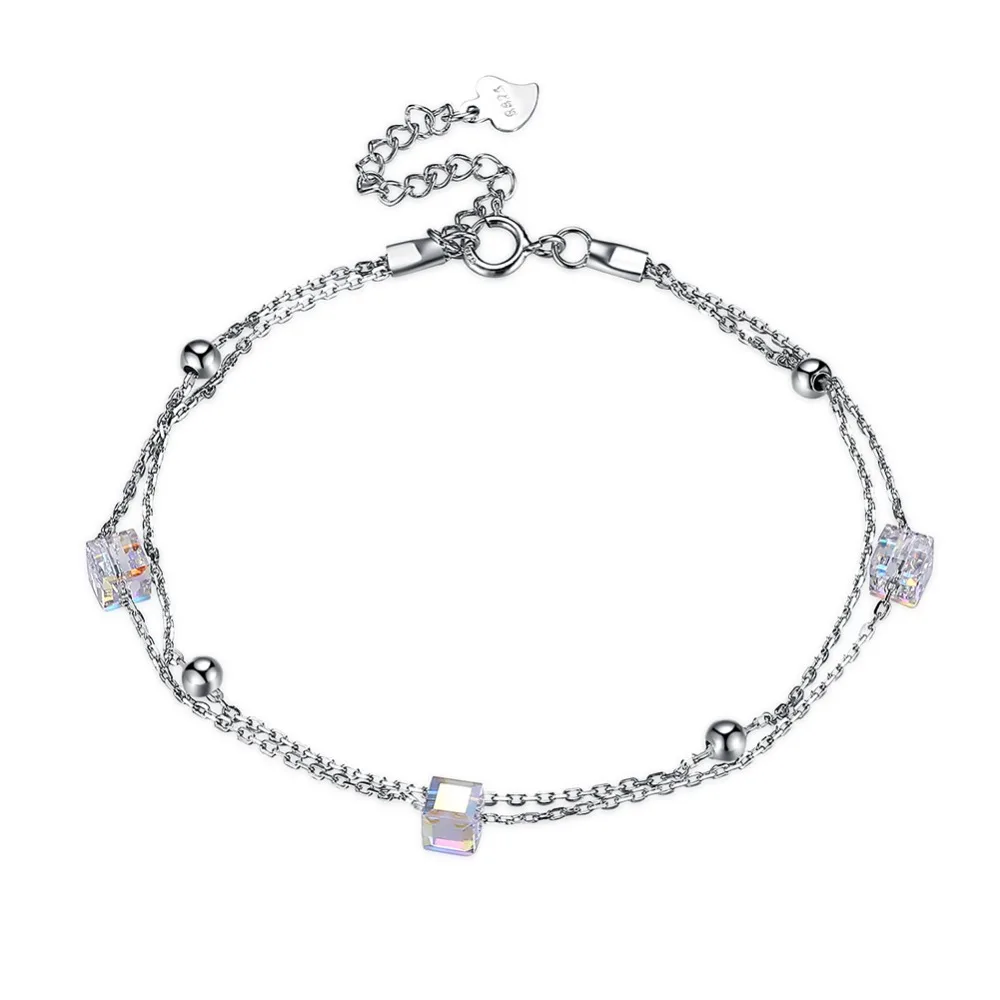 Изысканный женский браслет Swarovski с настоящими квадратными кристаллами, ювелирные украшения из серебра 925 пробы, Двойная Цепочка, подарок для помолвки