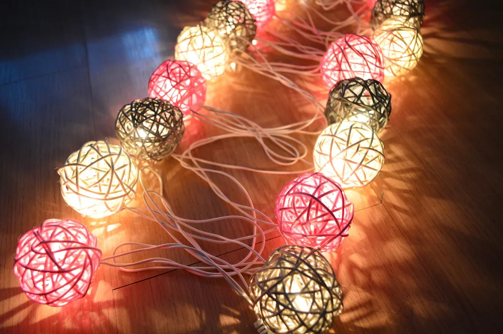 20pcs/set Vintage sweet Pastel Gray pink white mixed RattanBall Patio Party String Lights Fairy Wedding xmas valentine Decor | Лампы и