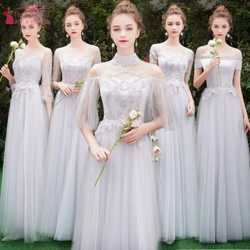 

Silver Bridesmaid Dresses Long Tulle Applique Cheap Floor Length Wedding Bridesmaid Gown Formal Party Gowns JQ13