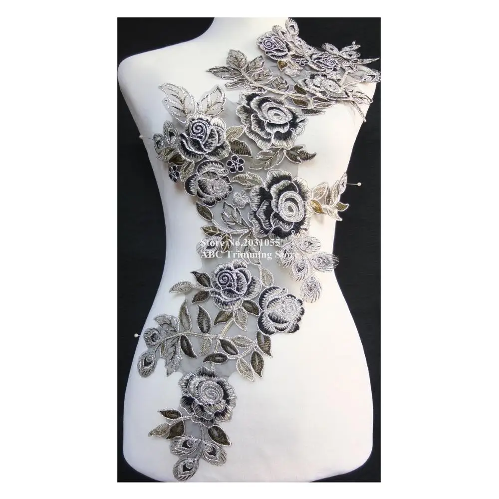 15pcs/lot x Long Silver/Black Rose Flower Embroidery Lace Appliques Collar on Organza Dance Dress Costume Wedding DECOR TBNC117B | Дом и сад