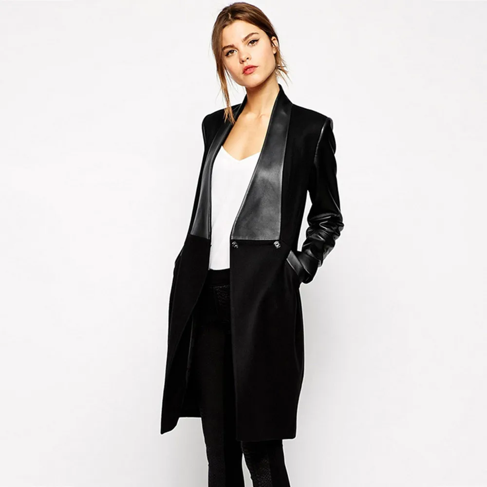 Черные кожаные пальто 2018 Для женщин Лоскутная Нерегулярные Кардиган с длинным PU