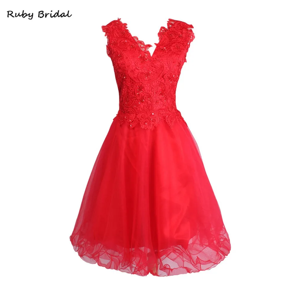 Ruby Bridal 2017 роскошные красные тюлевые Короткие вечерние платья трапециевидной