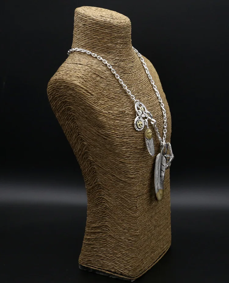 56.9g Solid 925 Sterling Silver Long Necklace Men Vintage Indian Style Gold Eye &amp Claw Feather Charms Designer Jewelry Gifts | Украшения