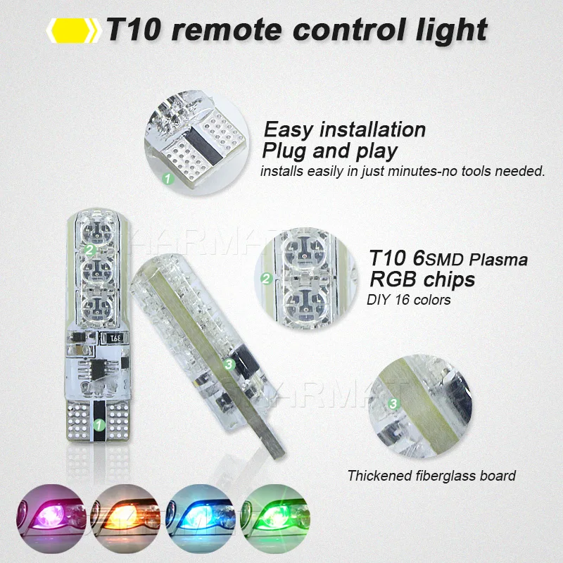1 Pair T10 W5W 194 RGB LED Clearance Light Lamp Parking Bulb Colorful Car Interior with Remote Control | Автомобили и мотоциклы