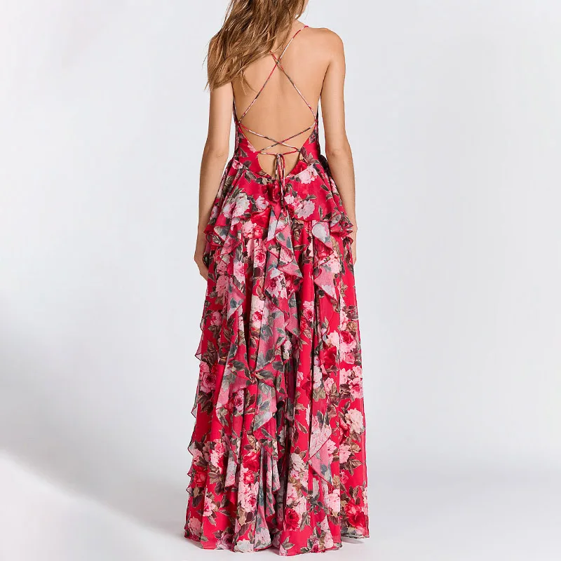 Vintage floral print maxi dress women Summer ruffle chiffon sleeveless plus size vestidos Sexy backless long festa | Женская одежда
