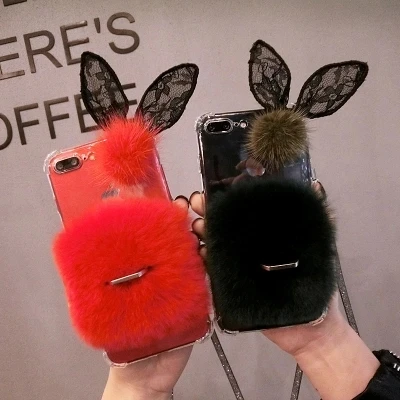 Милый кроличий Пушистый Теплый Меховой чехол для iPhone 6 6S 7 8 Plus с блестящим кольцом