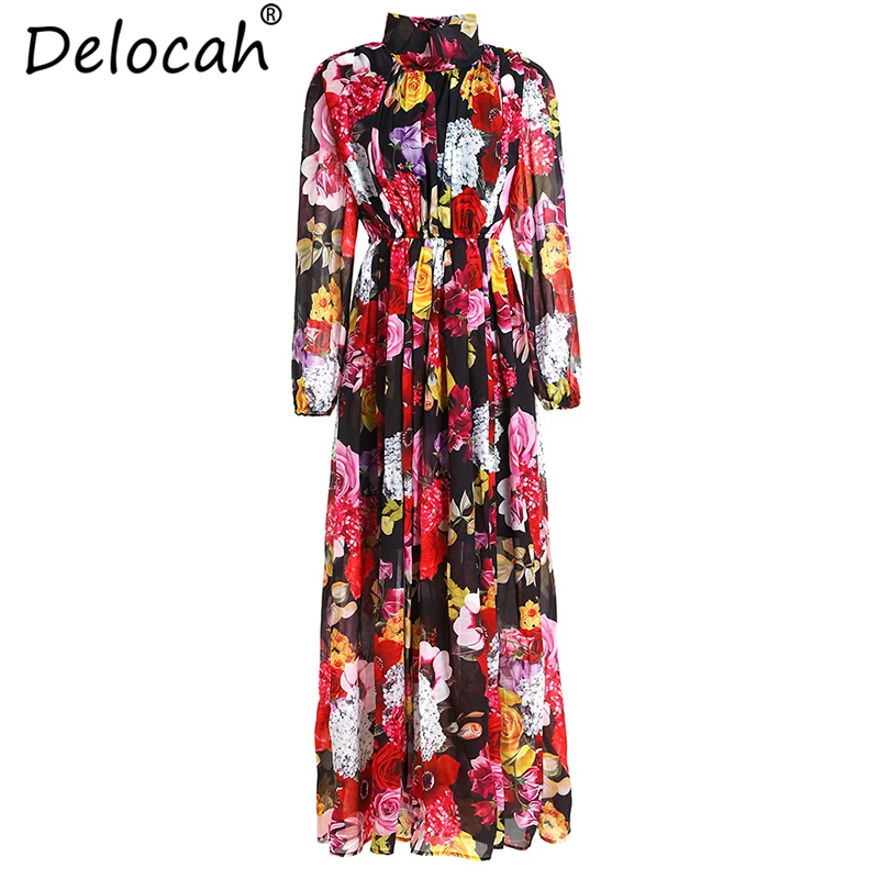 

Delocah Fashion Designer Summer 5XL Plus Size Dresses Women's Lantern Sleeve Floral Print Elastic Waist Vintage Long Dresses
