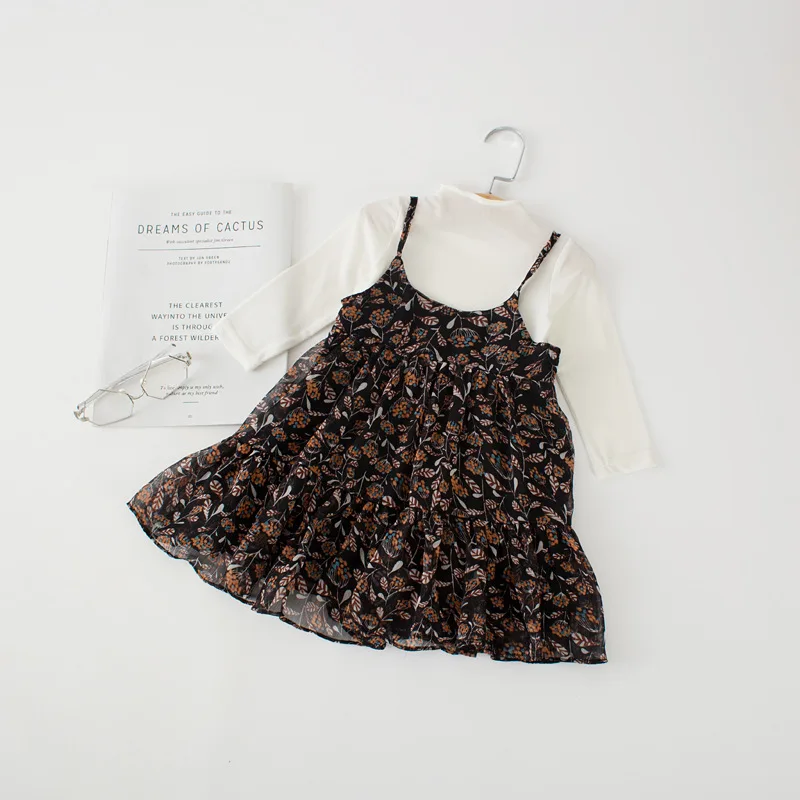 2018 Autumn New Arrival plaid and flowers printed Chiffon suspender Long Dress with Clip Inside for cute sweet princess girls | Детская