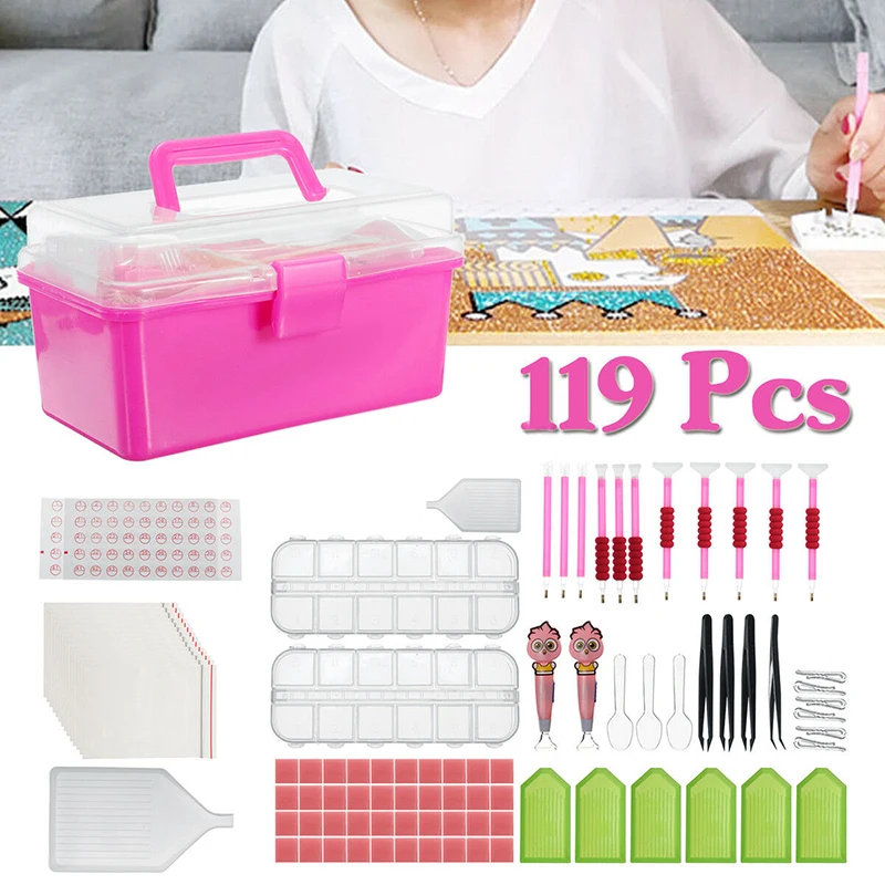 

119Pcs DIY Diamond Painting Accessories 5D Diamond Painting Cross Stitch Embroidery Pen Tools Set with Plastic Storage Box