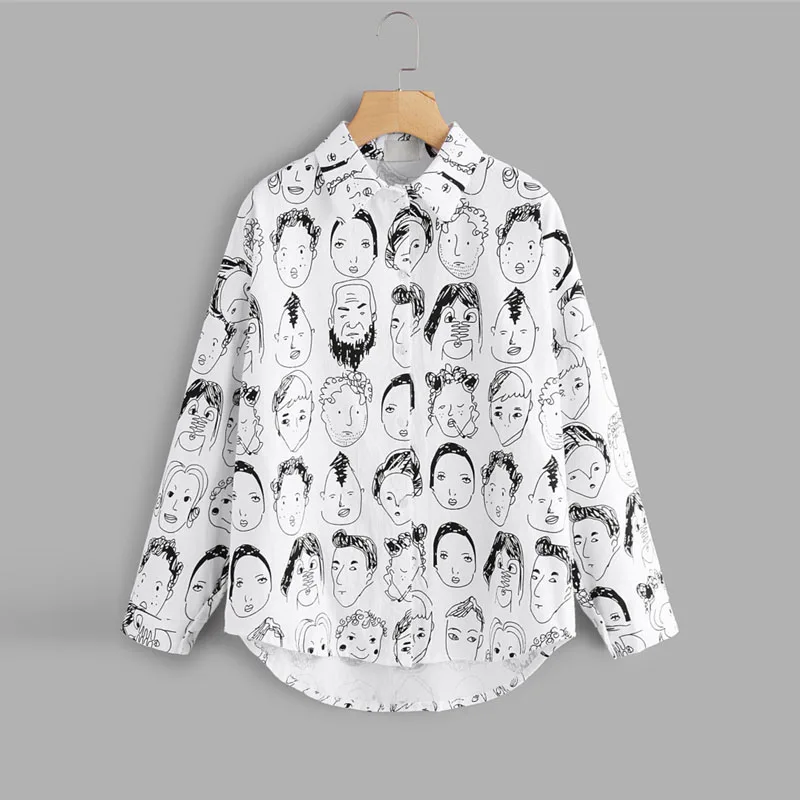 Black and white print Single-breasted new cartoon long-sleeved woman on top Spring blouse |