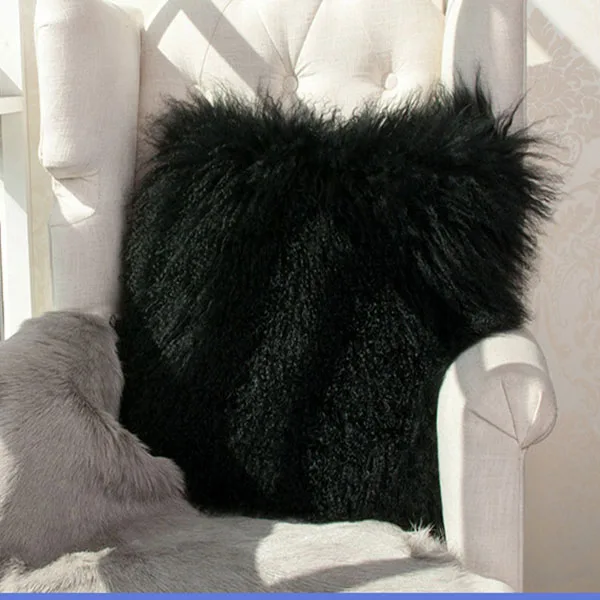 

Decorative Black color mongolian lamb fur throw pillow