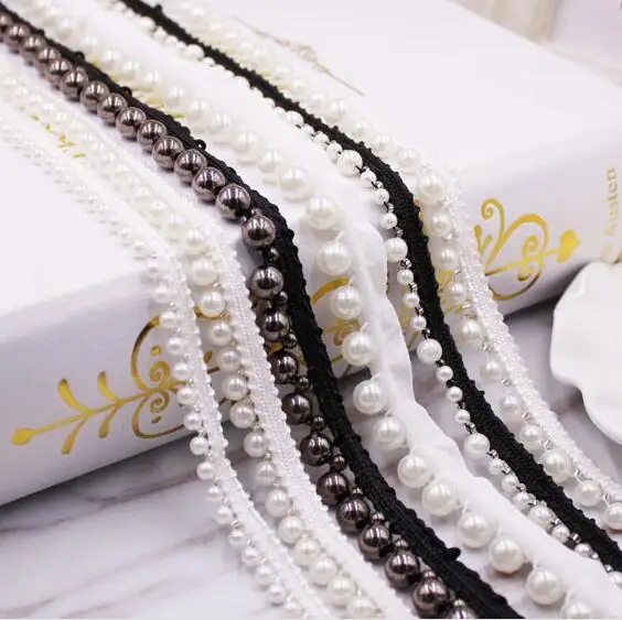 

10 ярдов 10 мм ширина цвета слоновой кости белый черный бисер жемчужные ленты для шитья Аксессуары для штор Сетчатое кружевное украшение