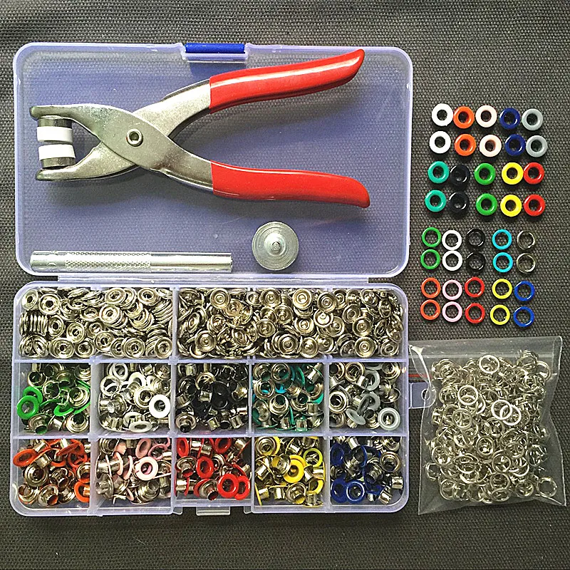 1pc Plier+1set Eyelets Tool+100sets 10 Colors 9.5mm Prong Snap Buttons Fasteners Press Studs Poppers Buckle+200pcs 5mm Eyelets